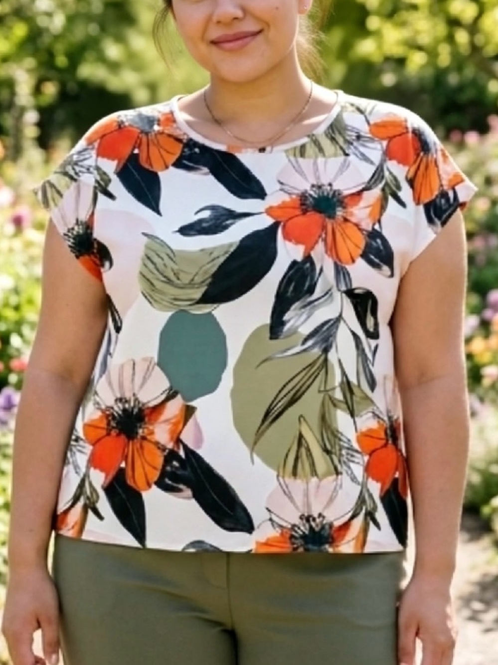 Bold Floral Short Sleeve Top Orange & Sage Botanical Print 2XL
